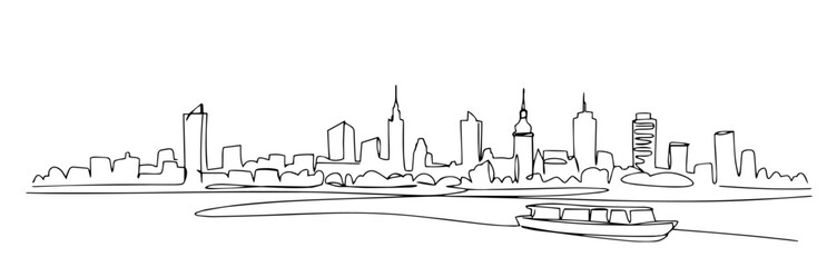city skyline with river and boat drawn in continuous line technique © Wieslaw