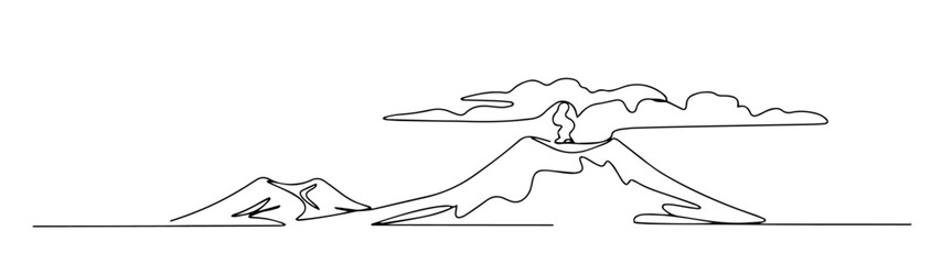 smoking volcano mountain landscape with clouds in line drawing style