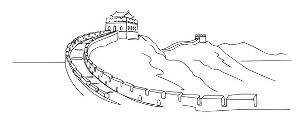 great wall of china winding through mountains in black and white line drawing
