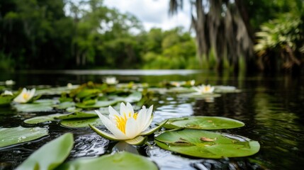 Peaceful pond with white water lilies and lush greenery in natural setting. American Wetlands Month
