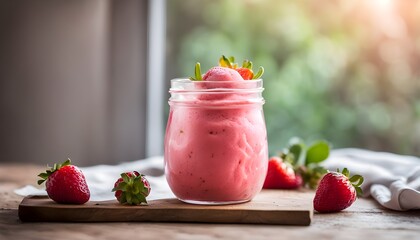 Homemade strawberry sorbet in glass and ice cream spoon on a wooden table