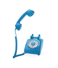 Retro, blue telephone ringing isolated on white background