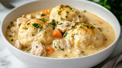 Homestyle chicken and dumplings in creamy broth with fresh herbs