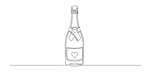 champagne bottle with heart label drawn in celebratory romantic line art