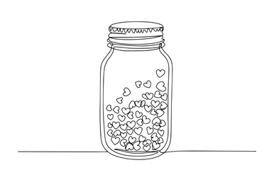 glass jar filled with small hearts drawn in sweet symbolic line art