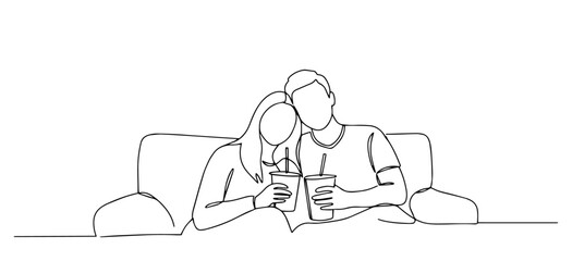 romantic couple sitting together in armchair with drinks drawn in cozy line art style