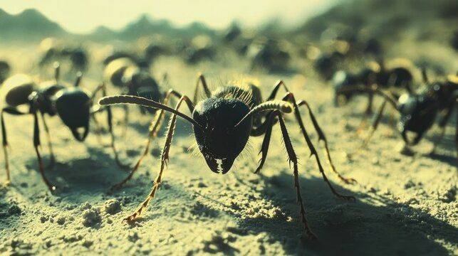 A close up image of ants on sandy ground