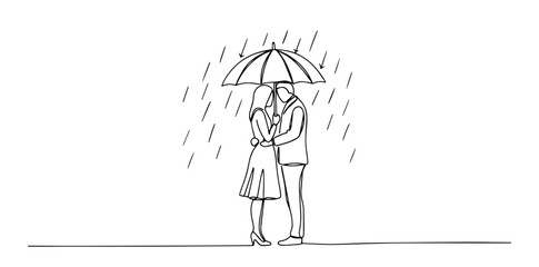 romantic couple under umbrella in the rain drawn in expressive one line style