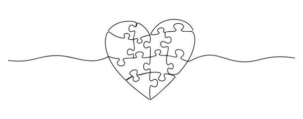 puzzle pieces forming a heart shape drawn in symbolic minimalist line drawing