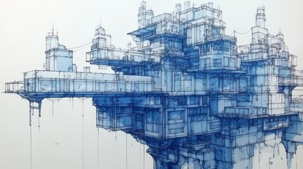 Fototapeta premium Blueprint illustration showcases a complex architectural structure with intricate details