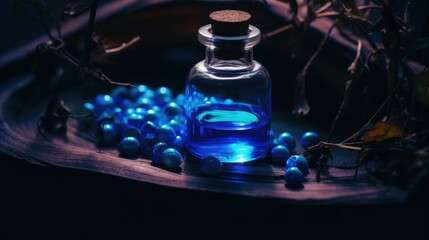 Enchanted potion with glowing blue orbs in mystical curved wooden vessel