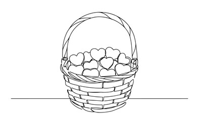 wicker basket filled with hearts drawn in romantic minimalist line art style