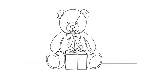 teddy bear with bow and gift box drawn in cute continuous line style