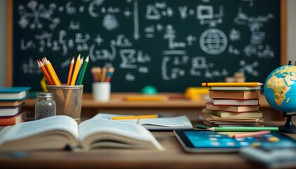 A classroom desk with books, a globe, pencils, and a tablet in front of a chalkboard filled with math equations. Perfect for education, e-learning, and academic concepts.