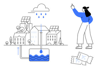 Rainwater flowing from rooftops into a storage tank, managed in a sustainable urban setting with solar panels. Woman pointing, emphasizing eco-living. Ideal for environment, sustainability, energy