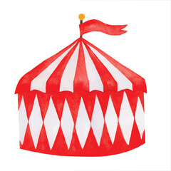 Watercolor red and white circus tent with flag, hand-painted. Baby illustration for perfect for invitations, card templates, birthday and baby cards, textile. Isolated on white background. © Tatiana
