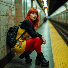 Stylish Redhead Woman Sitting on Subway Platform in Bold Fashion Outfit
