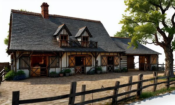 Rustic Barn With Horse Stables 3D Rendered Image Exterior View of a Rural Farmhouse with Stables Set in a Courtyards With Fencing and Trees On White Background For Exterior Designs Illustration