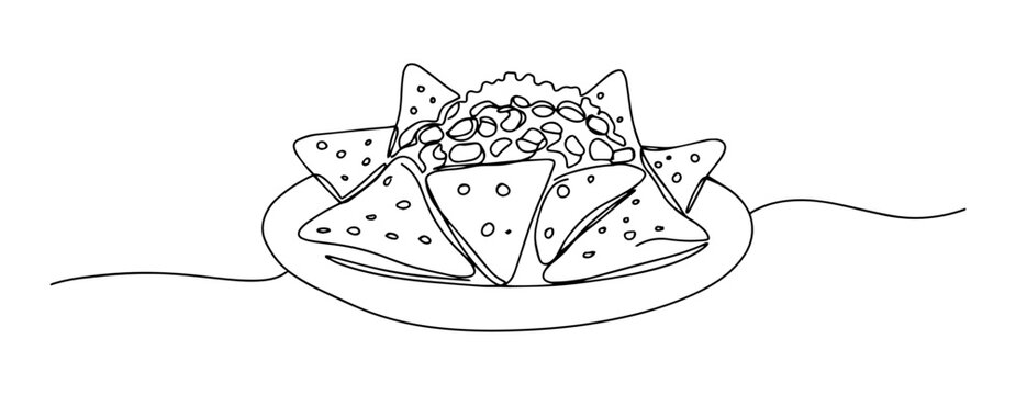 recommend clip art: nachos with cheese and salsa served on plate in simple line art drawing