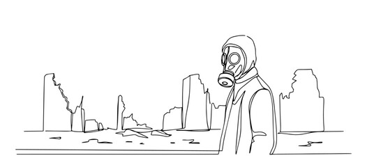 man in gas mask walking through destroyed postapocalyptic city landscape