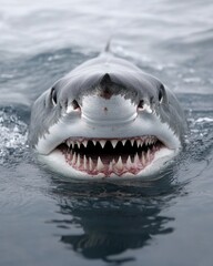 Fototapeta premium Impressive great white shark with open mouth showing its sharp teeth in ocean water surface close up