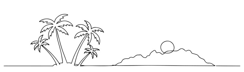 Obraz premium tropical island with palm trees and mountain sunset drawn in minimalist one line art style