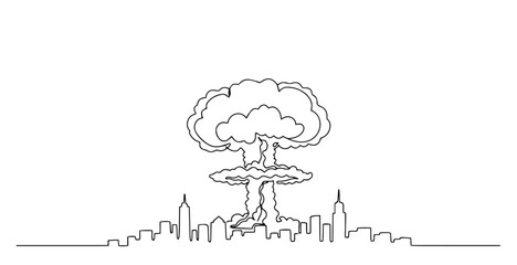 nuclear explosion over city skyline depicted in minimalist continuous line art style