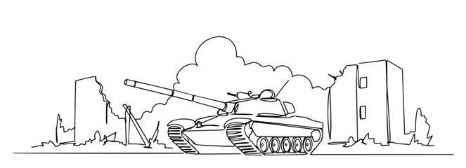 Fototapeta premium military tank in destroyed city with smoke and ruins drawn in one line war illustration style