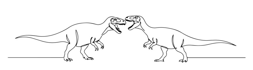 two carnivorous dinosaurs fighting face to face in dramatic line illustration
