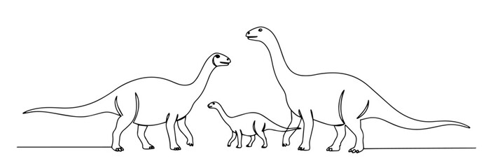 dinosaur family with adult and baby sauropods drawn in minimalist line art © Wieslaw