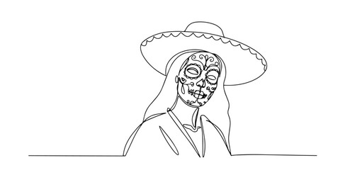 woman with sugar skull makeup wearing traditional sombrero hat in minimalist one line style