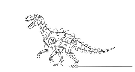 futuristic robotic dinosaur walking with mechanical joints in detailed line drawing style
