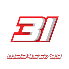 racing number 31 with racing effect, for racing, racing, sports in red and white on white background
