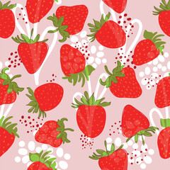 A solid drawing of fresh strawberries. Seamless texture. Pink. Doodle. Red berry - minimal style. Healthy eating. Hand-drawn vector illustration for textile, wallpaper. Handwriting.