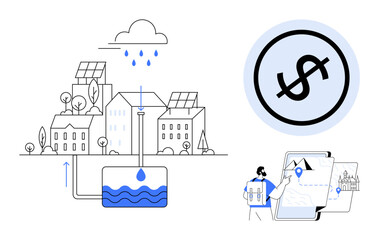 Rainwater harvesting system in urban area, solar panels on buildings, cost reduction icon, and person analyzing map. Ideal for sustainability, renewable energy, water conservation, eco-friendly