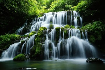 Obraz premium Peaceful Forest Landscape with Stone Cairn and Waterfall Stream