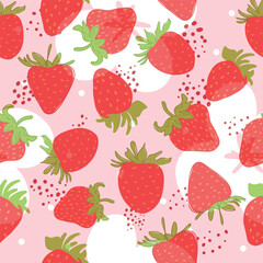A solid drawing of fresh strawberries. Seamless texture. Pink. Doodle. Red berry - minimal style. Healthy eating. Hand-drawn vector illustration for textile, wallpaper. Handwriting.