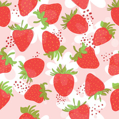 A solid drawing of fresh strawberries. Seamless texture. Pink. Doodle. Red berry - minimal style. Healthy eating. Hand-drawn vector illustration for textile, wallpaper. Handwriting.