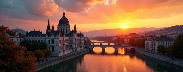 Naklejka premium Architectural beauty of Budapest University campus at sunrise, Hungarian, education