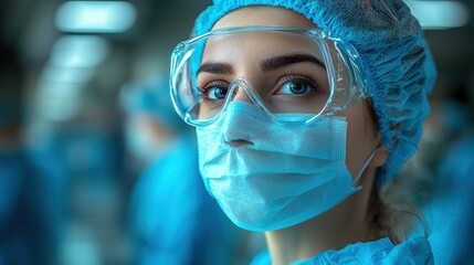 Portrait of a female healthcare professional, wearing protective gear, a mask, goggles, and a surgical cap.  A close-up shot emphasizing her determined gaze.