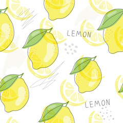 Fresh yellow fruits of lemon, lime, with green leaves and flowers. Seamless citrus texture on a white background. Whole lemon slice. Doodle Minimal Style. Black line. Vector illustration.