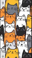 Doodle-style cats playfully gather whimsical scene digital art colorful background close-up view fun feline patterns