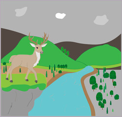 Beautiful deer and landscape mountains. Vector graphics