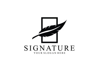 Signature feather pen logo design with square elements