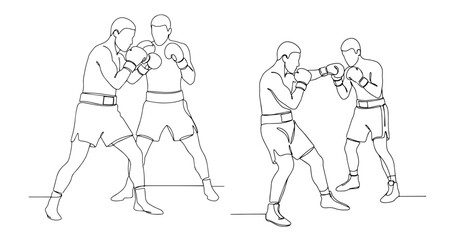 two male boxers sparring and practicing punches in dynamic continuous line art style