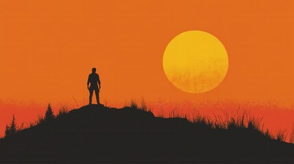 Solitary Figure at Sunset Atop a Hill, Contemplating the Vast Orange Sky and the Setting Sun