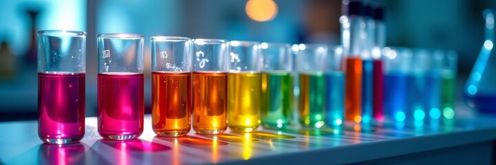 Array of test tubes with colorful liquids in laboratory setting for biochemical analysis, chemistry, science