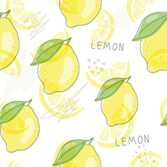Fresh yellow fruits of lemon, lime, with green leaves and flowers. Seamless citrus texture on a white background. Whole lemon slice. Doodle Minimal Style. Black line. Vector illustration.