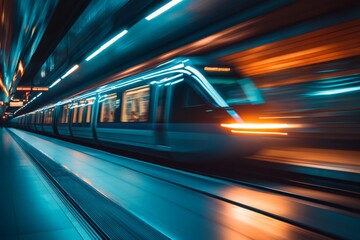 Fototapeta premium Metro train speeds through underground station at night creating dynamic light effects