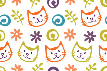 Seamless vector pattern of hand-drawn cute forest animal cat in a playful doodle style. Soft pastel colors, clean white background, minimal and charming line art for children's fabric or wallpaper